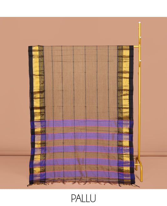 Brown Narayanpet Cotton Saree, Adorned with Veldhari Stripes, Complemented by a Contrast Temple Traditional Zari Design Border, Striped Pallu, and Comes Without a Blouse