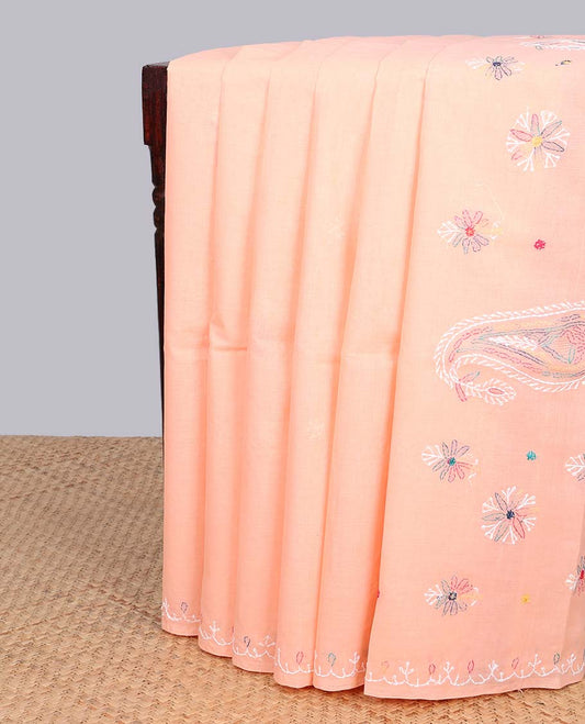 Orange floral embroidery lucknowi chikankari cotton saree,self-border & pallu of floral & paisley embroidery