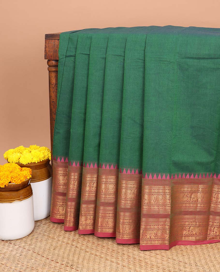 Green chettinad cotton saree with contrast traditional zari design border & striped pallu