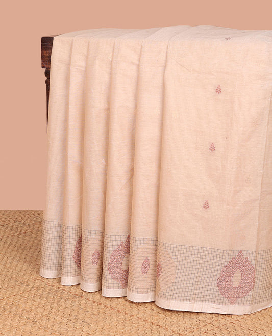 Pale brown floral motifs coimbatore cotton saree with self checked, floral design border & floral design pallu
