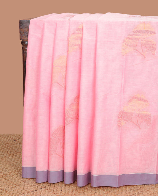 Light pink floral design kanchi cotton saree with contrast plain border & floral design pallu