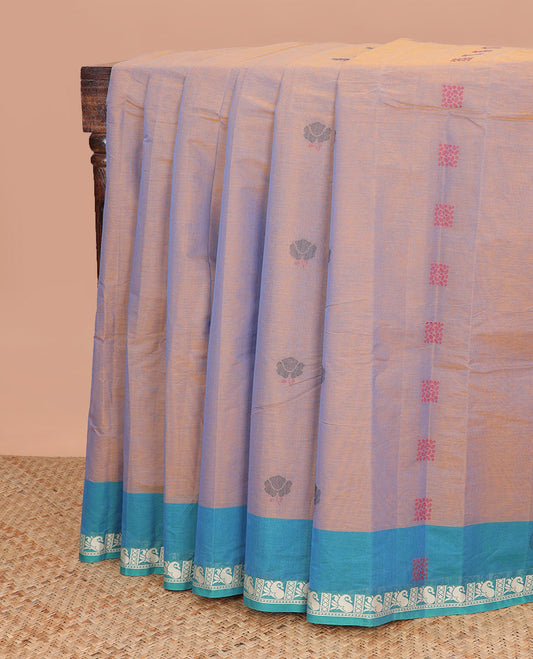 Brown motifs kanchi cotton saree with contrast zari design border & floral design pallu
