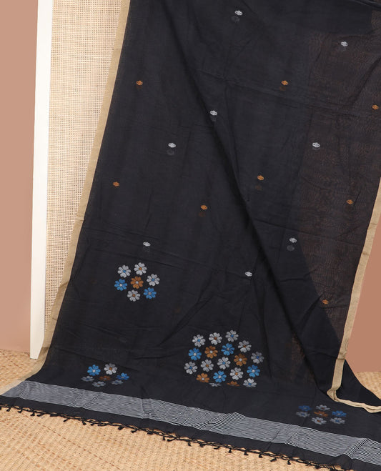Black meena thread buttas Kadhi cotton saree, contrast piping border & pallu of 4-petal floral motifs & stripes