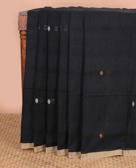 Black meena thread buttas Kadhi cotton saree, contrast piping border & pallu of 4-petal floral motifs & stripes