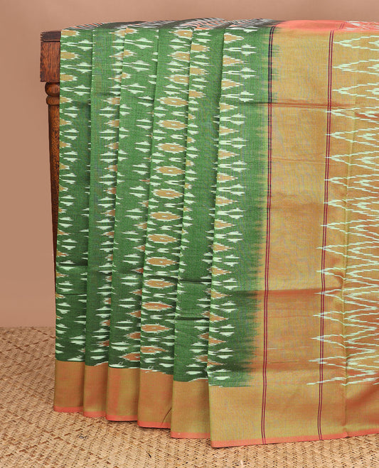 Green buttas ikkat cotton saree, contrast plain border & pallu of ikkat chevron design