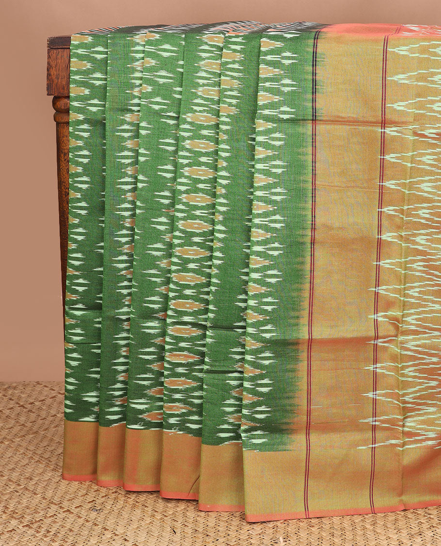 Green buttas ikkat cotton saree, contrast plain border & pallu of ikkat chevron design