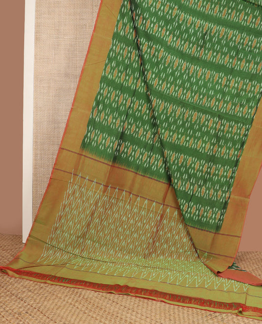 Green buttas ikkat cotton saree, contrast plain border & pallu of ikkat chevron design