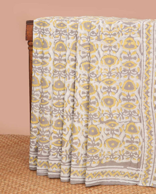 Mustard floral block design mul mul cotton saree with contrast intricate design & floral motifs pallu