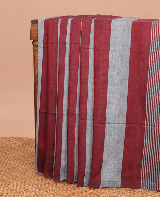 Borderless Grey with maroon striped khadi cotton saree