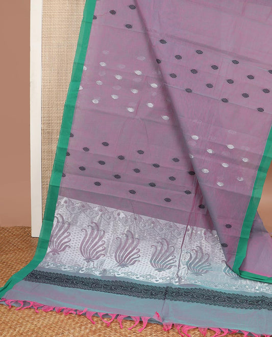 Violet motifs kanchi cotton saree with contrast border & floral design pallu