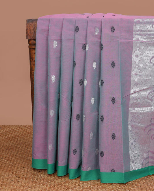 Violet motifs kanchi cotton saree with contrast border & floral design pallu