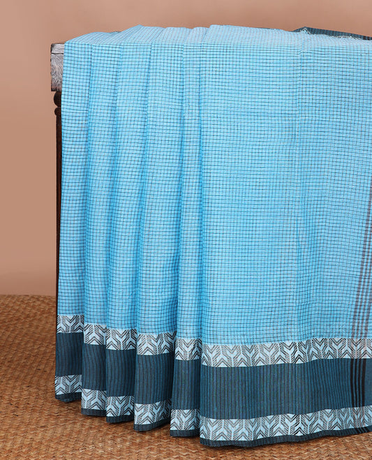 Blue checked bengal cotton saree with contrast geometric design border & checked pallu