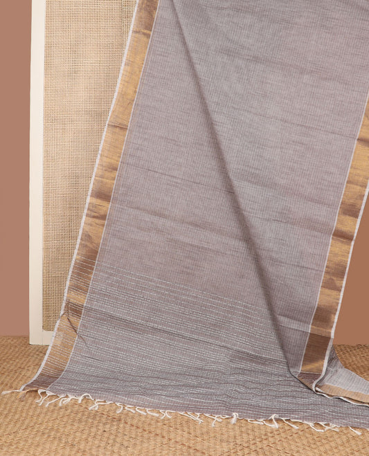 Brown striped jute cotton saree, gleaming zari border & striped pallu