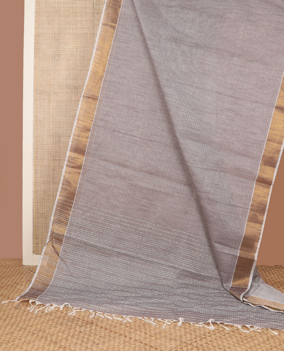 Brown striped jute cotton saree, gleaming zari border & striped pallu