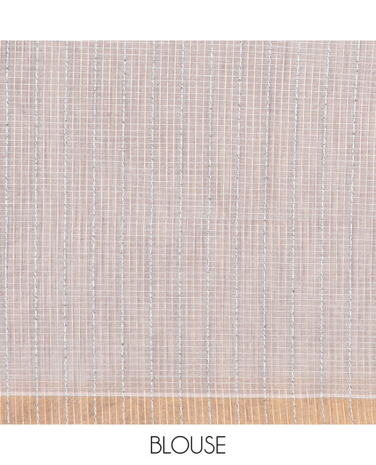 Brown striped jute cotton saree, gleaming zari border & striped pallu