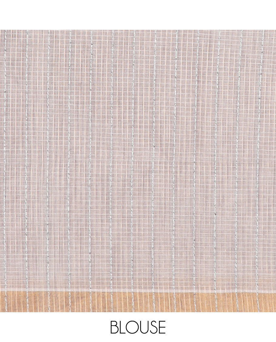 Brown striped jute cotton saree, gleaming zari border & striped pallu
