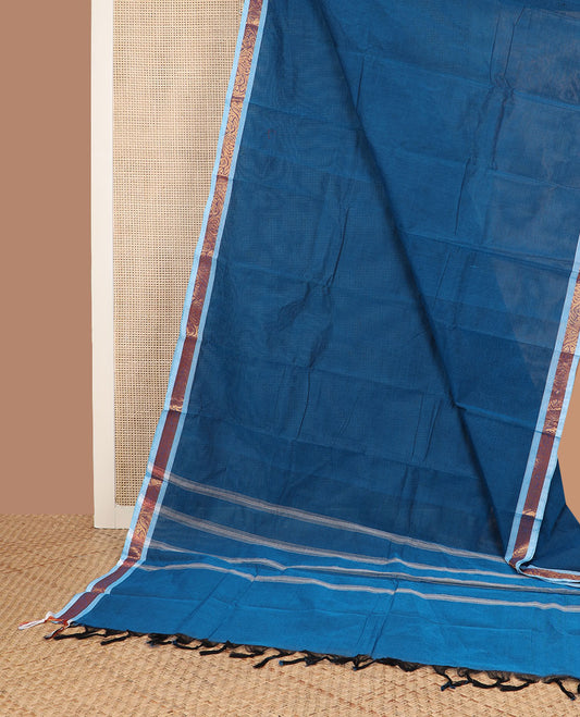 Blue plain design Chettinad cotton saree, contrast floral creeper zari border & striped pallu