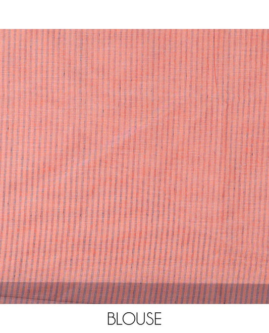 Peach vertical striped jute cotton saree, contrast striped border, and striped pallu