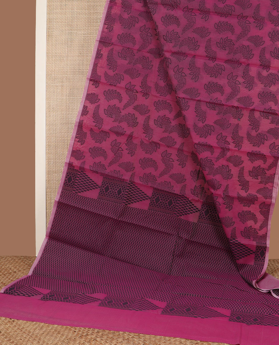 Borderless wine color feather-like leaf motifs woven semi-silk cotton saree, geometric patterned pallu