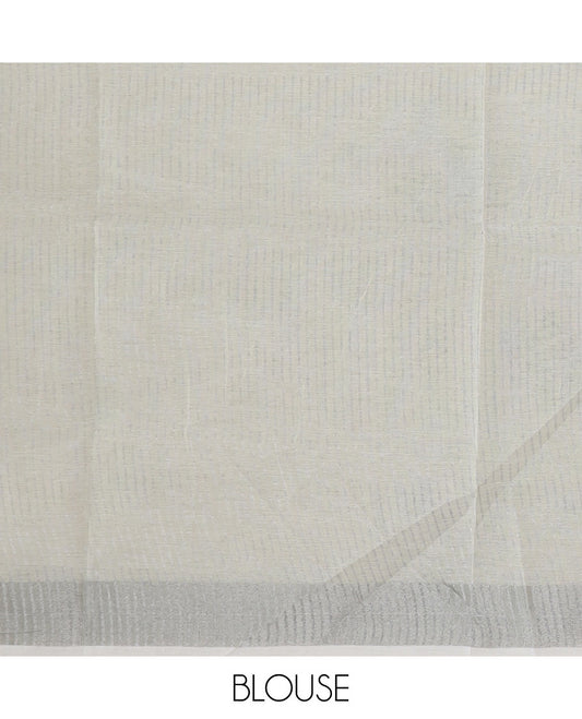 Beige spiral buttas printed cotton saree, zari border and striped pallu