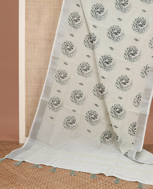 Beige spiral buttas printed cotton saree, zari border and striped pallu