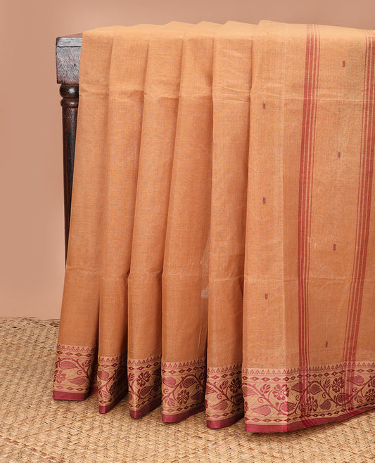 Sandal buttas Bengal cotton saree, contrast temple floral creeper border, and striped pallu