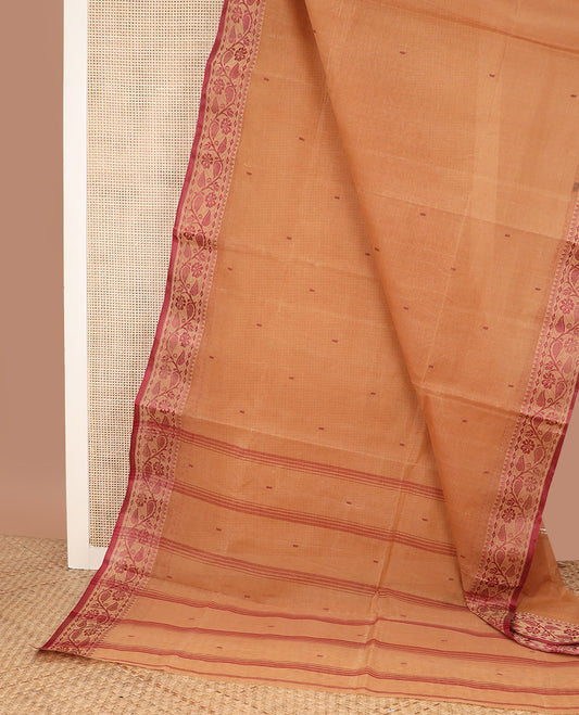 Sandal buttas Bengal cotton saree, contrast temple floral creeper border, and striped pallu