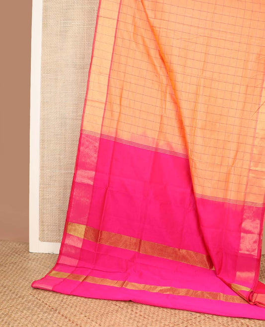 Orange checked  poly cotton saree, zari border, and contrast thick zari striped pallu