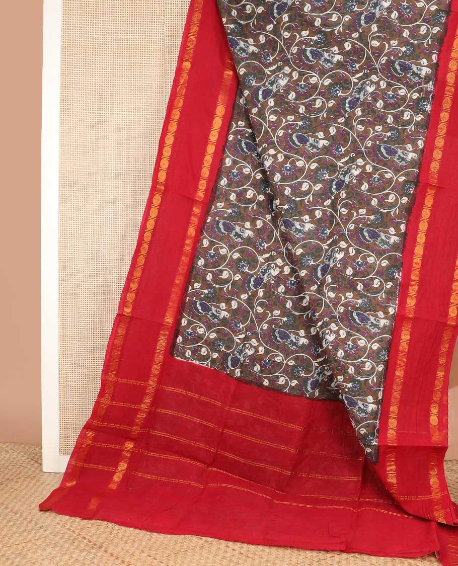Red kalamkari style floral vine and bird printed sungudi cotton saree, contrast rettai pettu rudraksham border, and zari striped pallu