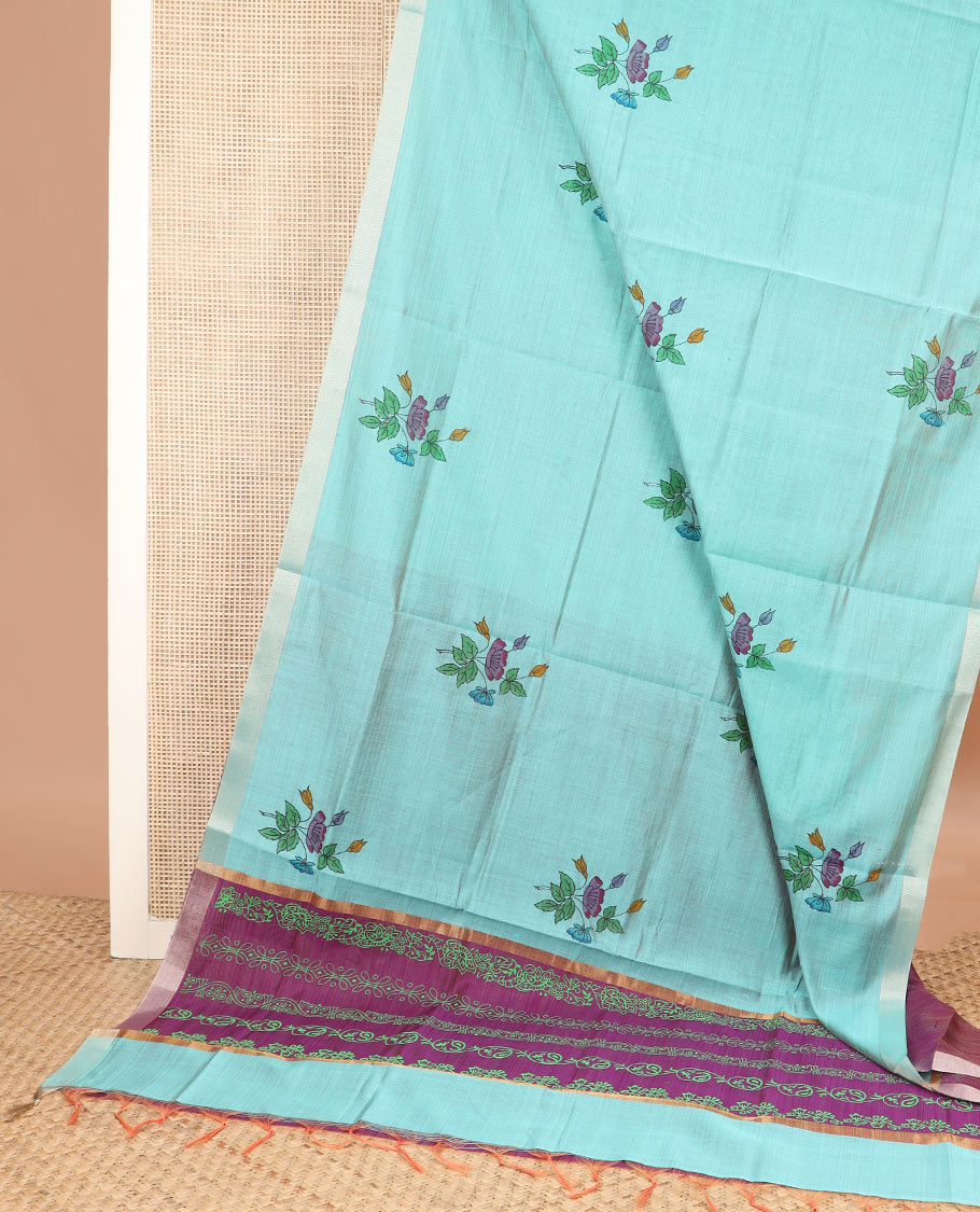 Blue floral buttas printed chirala cotton saree, bavanji border, and contrast floral print pallu