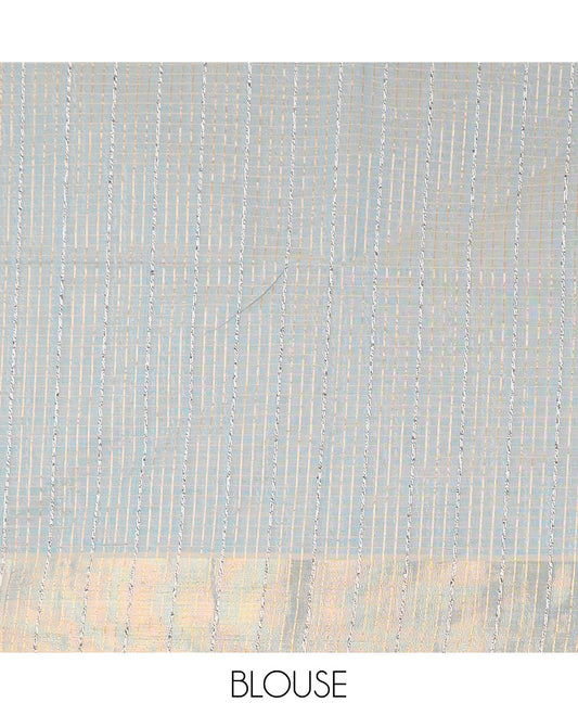 Light grey sparesly striped jute cotton saree,  bavanji border, and striped pallu