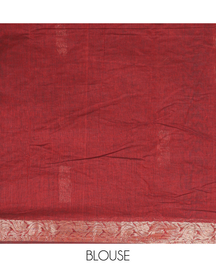 Maroon zari buttas Coimbatore Cotton saree, floral creeper zari border, and pallu of intricate zari designs