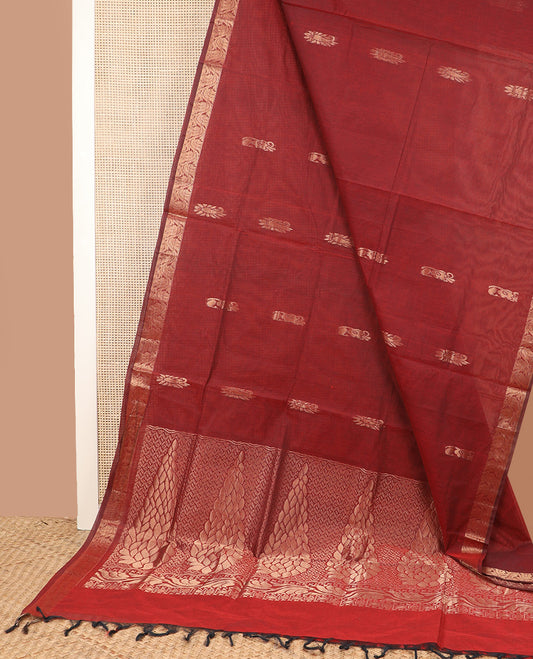 Maroon zari buttas Coimbatore Cotton saree, floral creeper zari border, and pallu of intricate zari designs