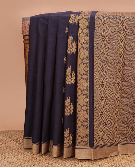 Blue floral buttas kanchi cotton saree, contrast border, and jaal pallu
