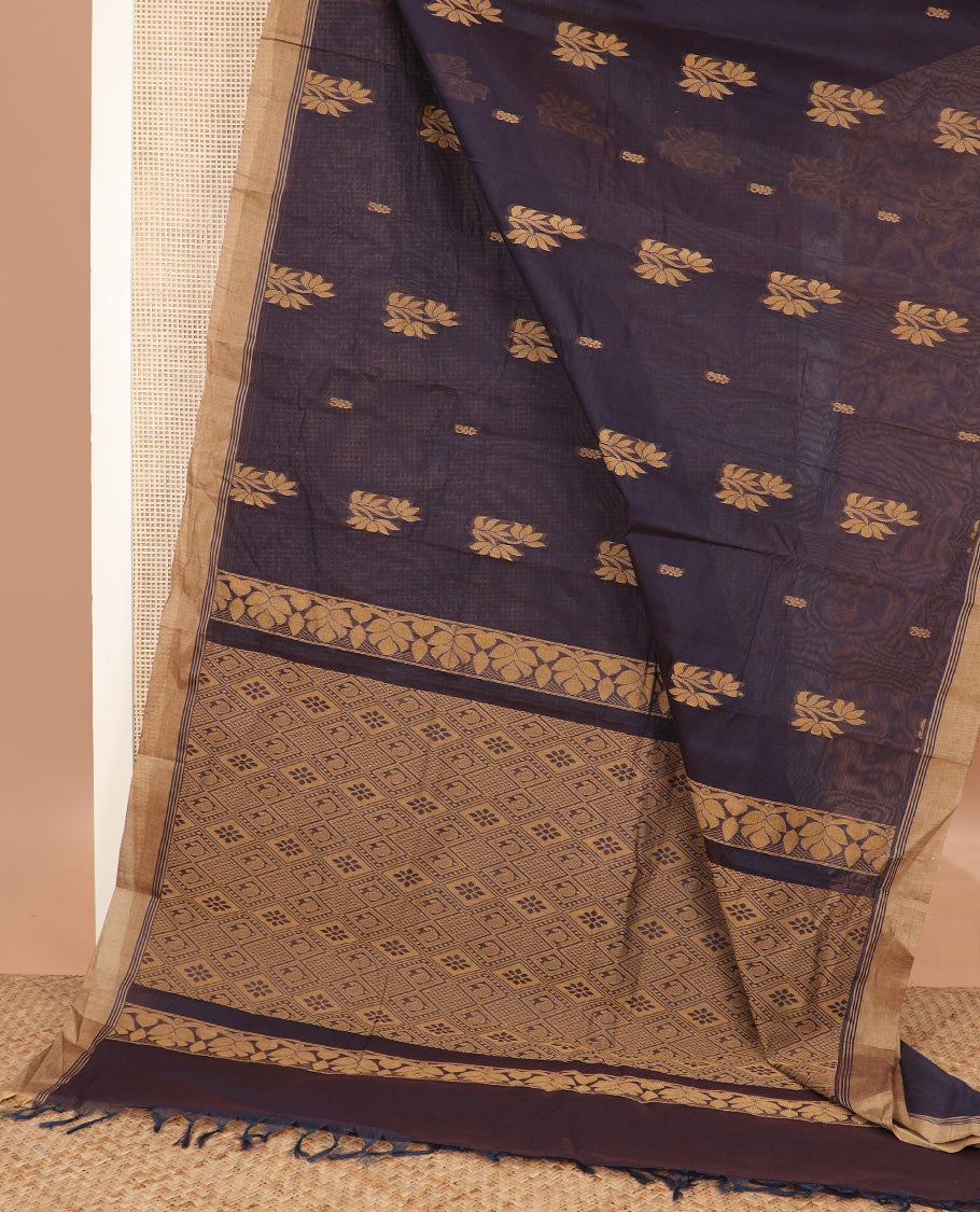 Blue floral buttas kanchi cotton saree, contrast border, and jaal pallu