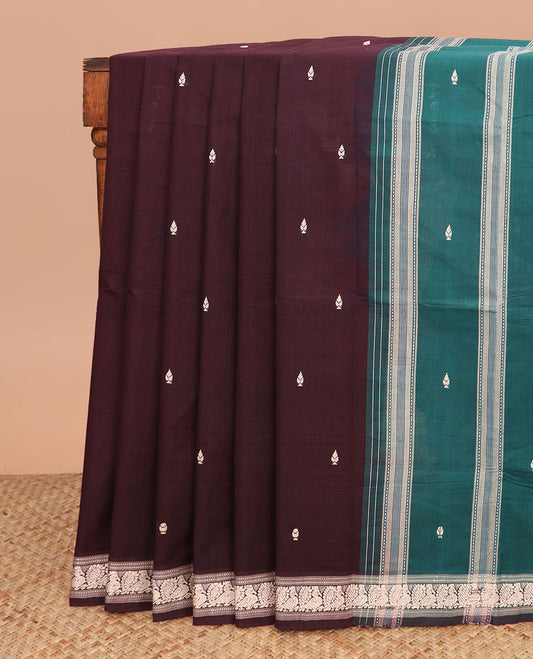 Maroon buttas Andhra cotton saree, peacock motifs border, and contrast pallu of stripes and buttas