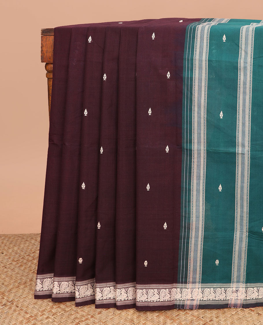Maroon buttas Andhra cotton saree, peacock motifs border, and contrast pallu of stripes and buttas