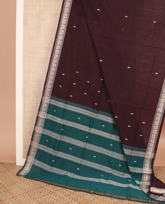 Maroon buttas Andhra cotton saree, peacock motifs border, and contrast pallu of stripes and buttas