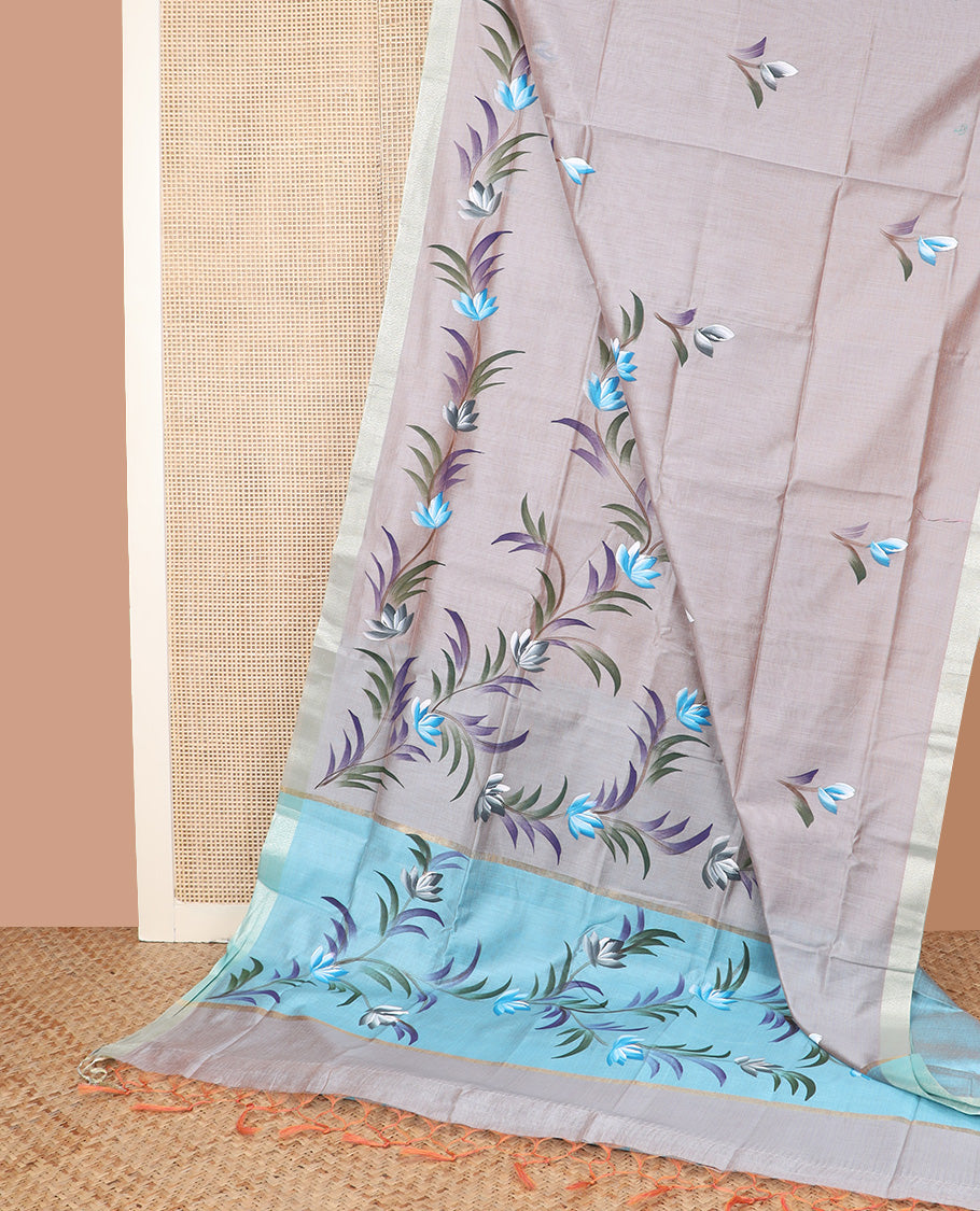 Grey hand brush painting style floral printed chirala cotton saree, plain border, and contrast floral printed pallu