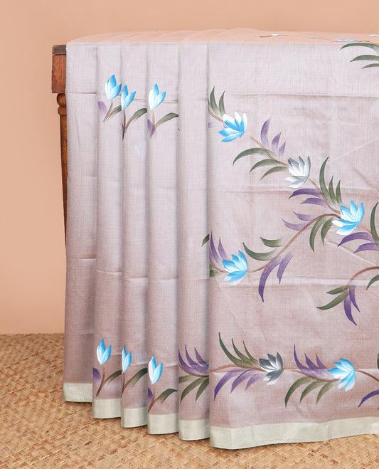 Grey hand brush painting style floral printed chirala cotton saree, plain border, and contrast floral printed pallu