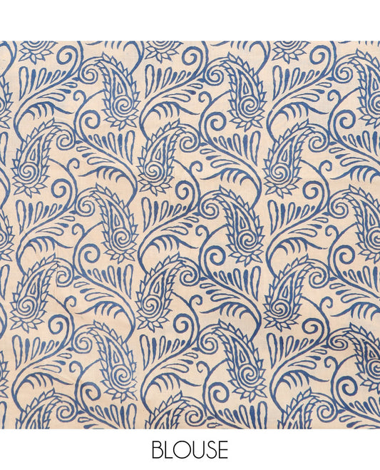 Blue floral-bird machine-printed kalamkari cotton saree, printed border, and pallu of kalamkari peacock motifs