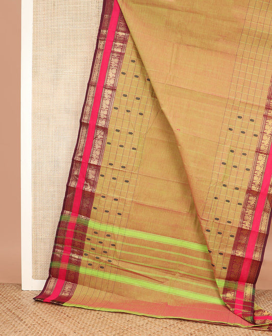 Green dual-toned plain Chettinad cotton saree, contrast rettai pettu zari border of traditional designs, and striped pallu