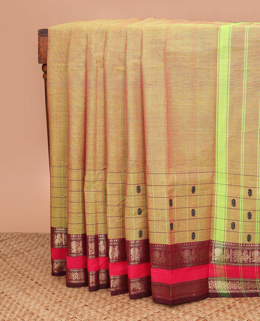 Green dual-toned plain Chettinad cotton saree, contrast rettai pettu zari border of traditional designs, and striped pallu