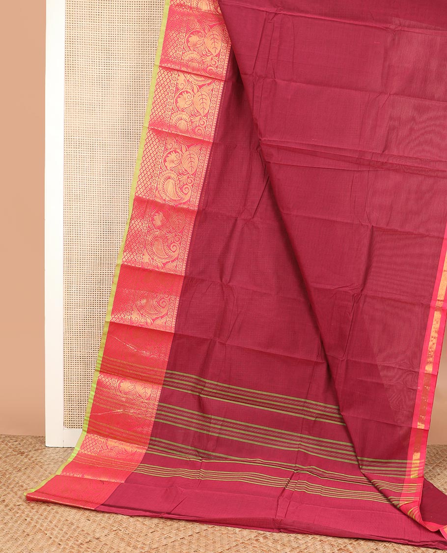 Maroon plain Chettinad cotton saree, contrast traditional zari design border, and striped pallu