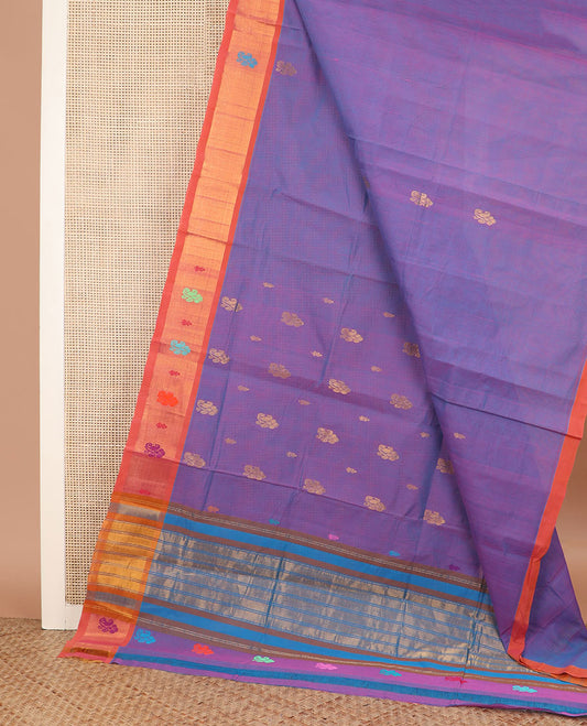 Purple zari buttas Venkatagiri cotton saree, contrast zari and thread work border, and zari striped pallu