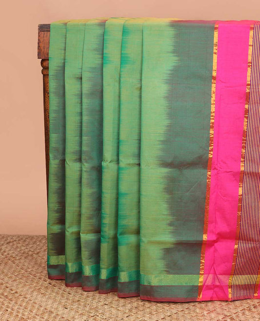 Green ikkat poly cotton saree, self-border, and contrast striped pallu