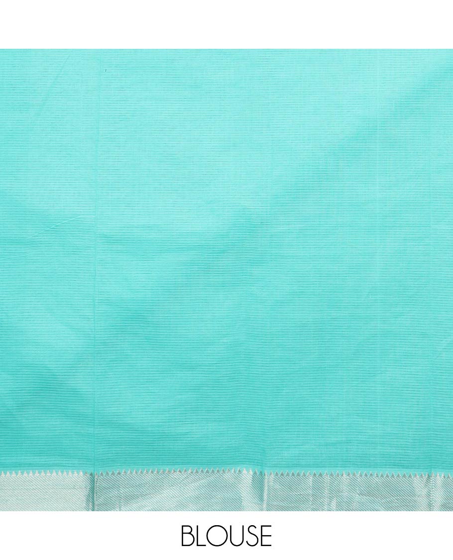 Blue sparsely striped with flamingo patch and thread embroidered chirala cotton saree, temple zari border and pallu of flamingo patch and thread embroidery