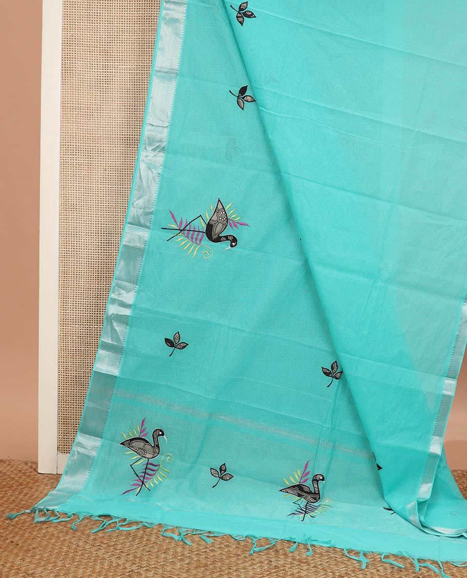 Blue sparsely striped with flamingo patch and thread embroidered chirala cotton saree, temple zari border and pallu of flamingo patch and thread embroidery