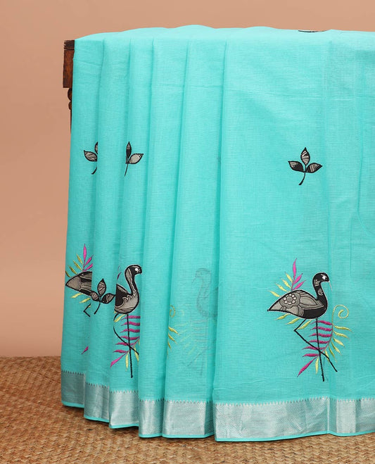 Blue sparsely striped with flamingo patch and thread embroidered chirala cotton saree, temple zari border and pallu of flamingo patch and thread embroidery