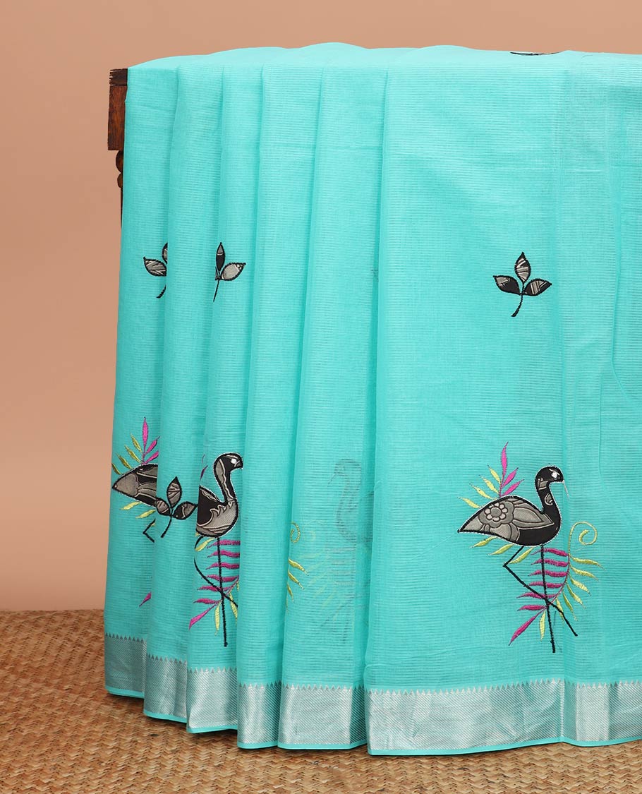 Blue sparsely striped with flamingo patch and thread embroidered chirala cotton saree, temple zari border and pallu of flamingo patch and thread embroidery